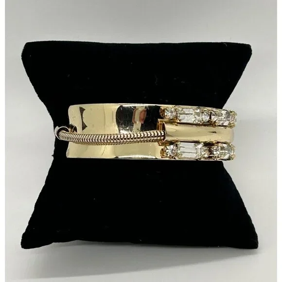Gold-tone Cuff Bracelet Art Deco Style with Mirror Finish Crystal Baguettes - Picture 5 of 11